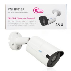 Videó megfigyelő kamera PNI IP818J, POE, bullet 8MP, fekete fény, 2,8 mm-es lencse, kültéri használatra, fehér