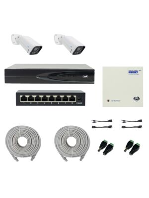 PNI House IP816 NVR csomag 2db PNI IP780 4K kamerával, forrással, kapcsolóval, kábelekkel, csatlakozókkal és elosztókkal