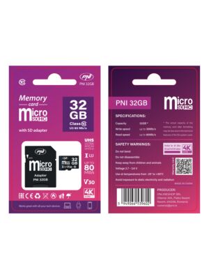 MicroSD PNI 32GB memóriakártya SD adapterrel, Class 10, 80 Mb/s, V30